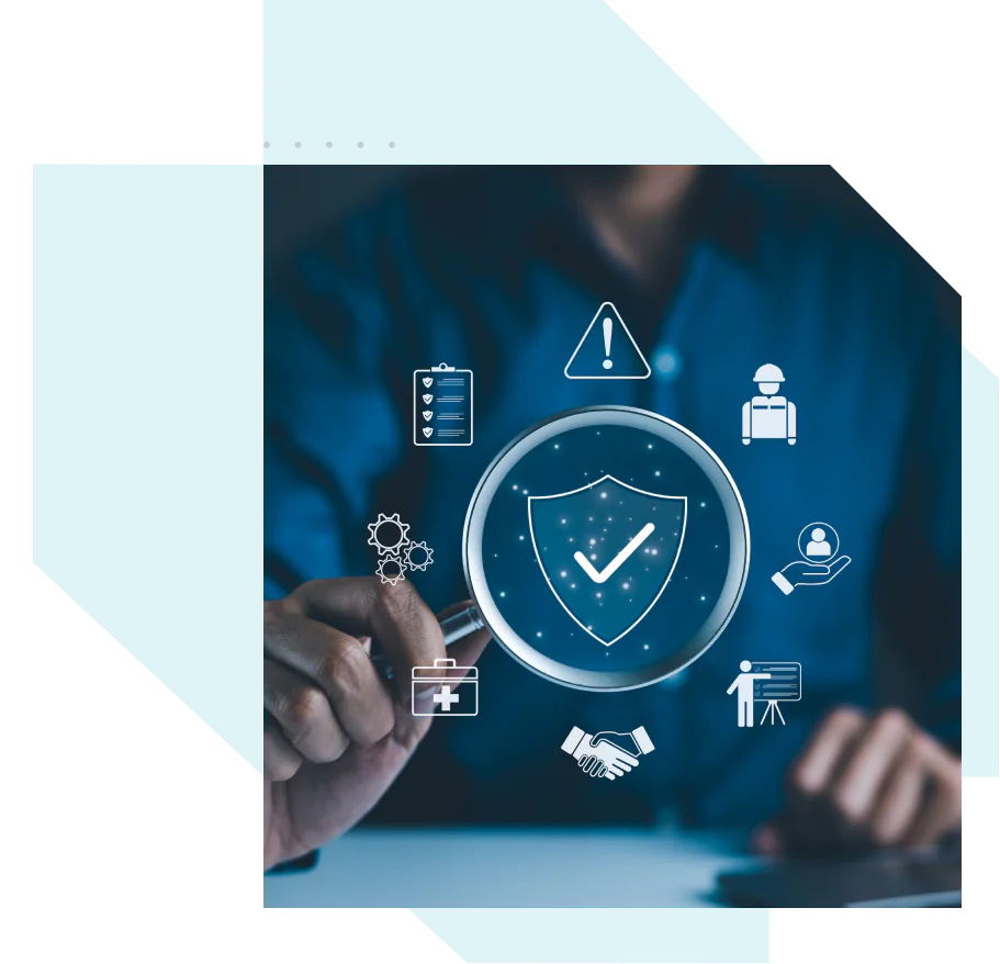 Illustration of data security shields and compliance badges